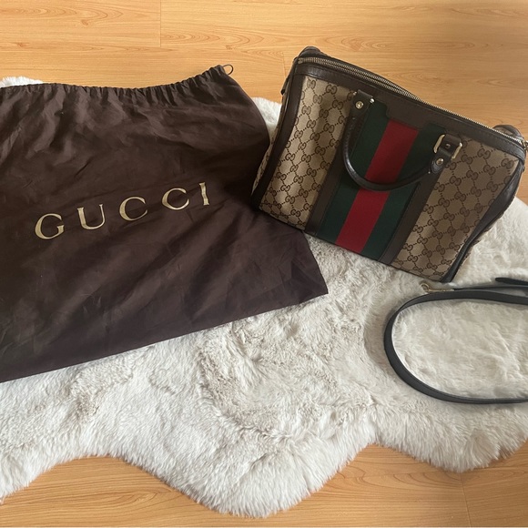 GUCCI Monogram Vintage Web Medium Boston Bag with Brown Leather - Picture 2 of 16